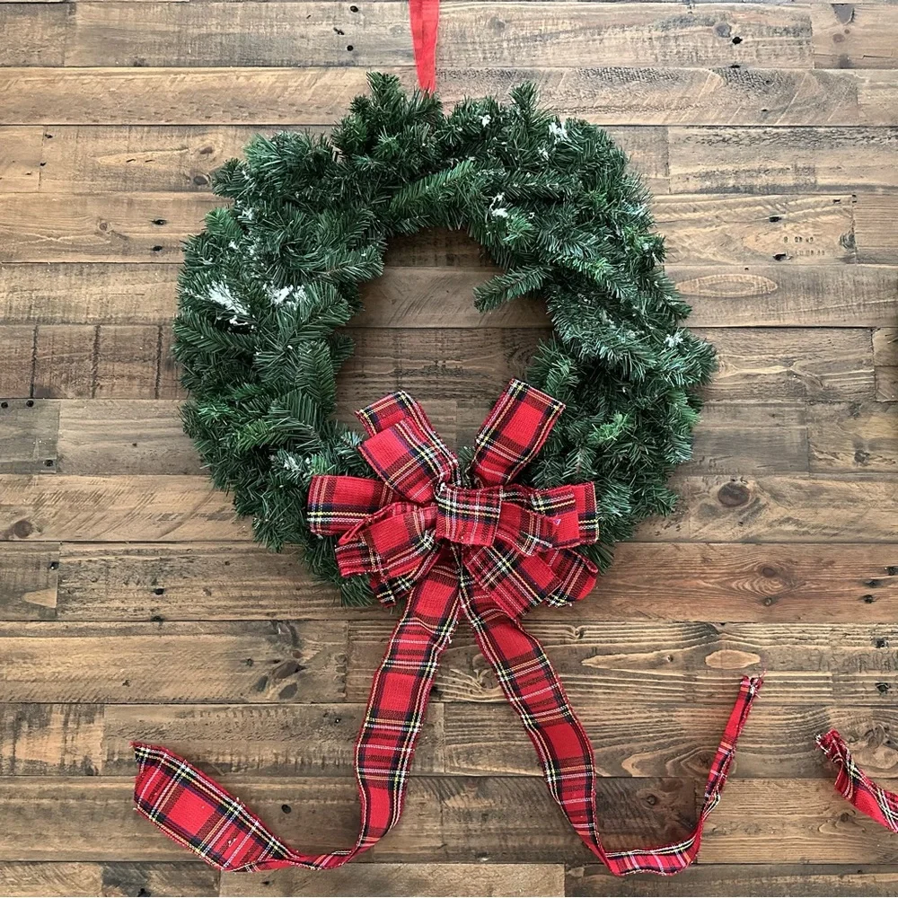 Holiday Christmas Snow Flocked Wreath With Tartan Red Plaid Bow